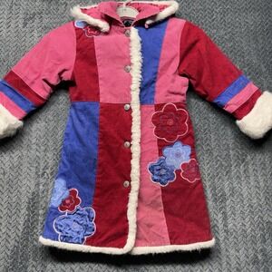 The Children's Place Girls Patchwork Corduroy Coat XS 4 Hooded Faux Fur Trim ***
